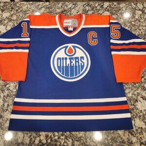 CCM Men Blue Oilers #15 James NHL Vintage Hockey Jersey L Canada EUC